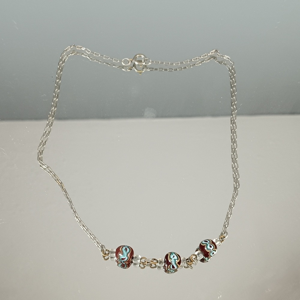 SIlver Tone Chian Necklace With‎ Murano Style Glass Bead Detailing